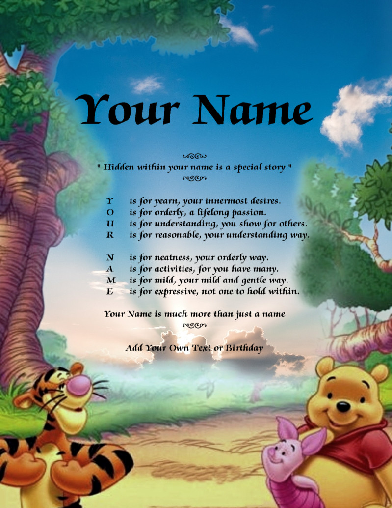 "NEW" Pooh and Friends Sunset Child Background Name Poem Story