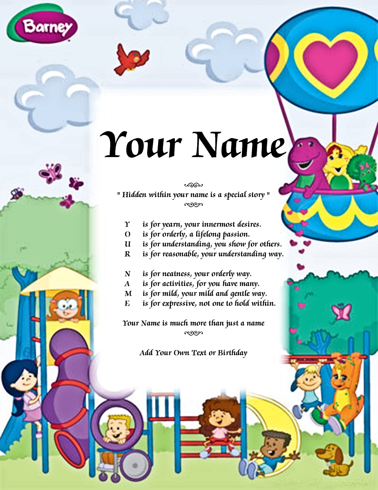 Barney Park Child Name Poem Story Digital Download Version