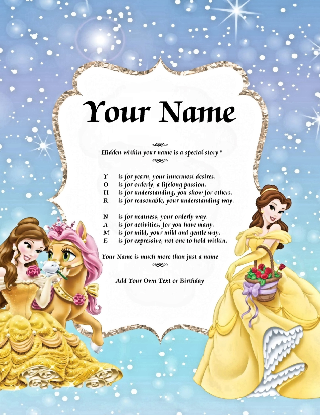 Disney Princess & Pony Child Background Name Poem Story