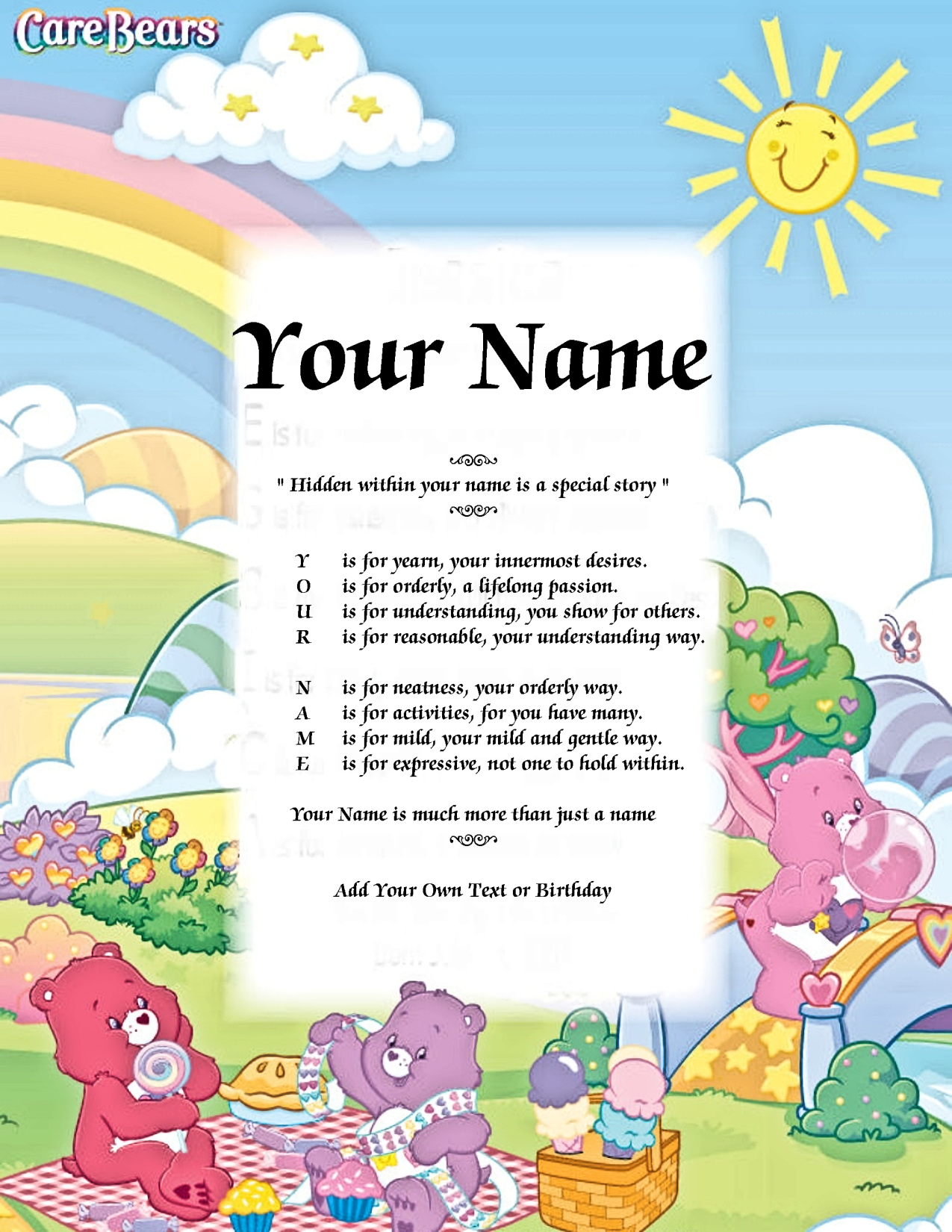 Care Bears Picnic Child Name Poem Story Digital Download Version