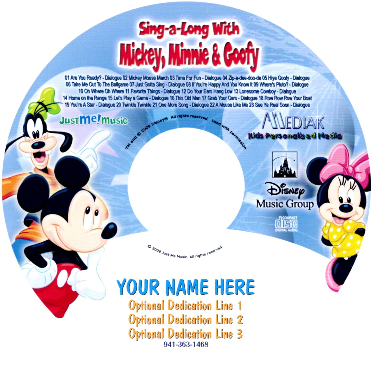 SING ALONG WITH MICKEY, MINNIE & GOOFY - NAME PERSONALIZED - CD DISK & OPTIONAL DIGITAL MP3