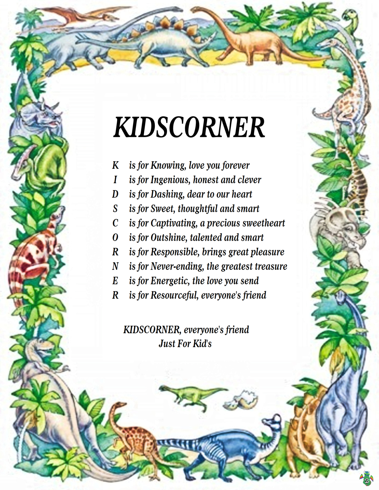 Kid's Corner Dinosers 2 Child's Name Poem 