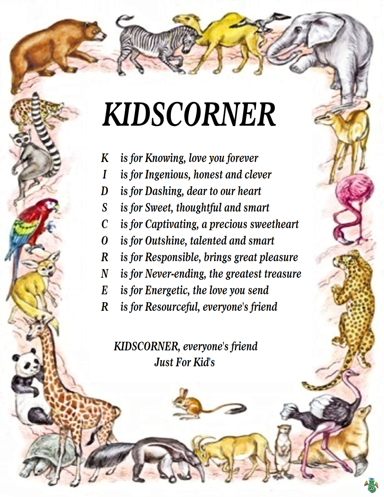 Kid's Corner Zoo Animals Child's Name Poem 