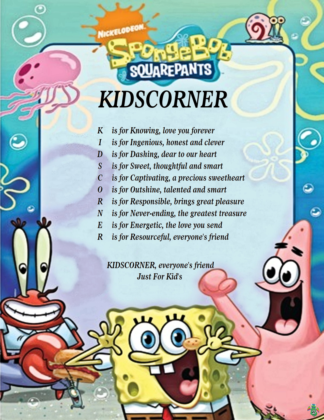 Kid;s Corner Sponge Bob Child Name Poem