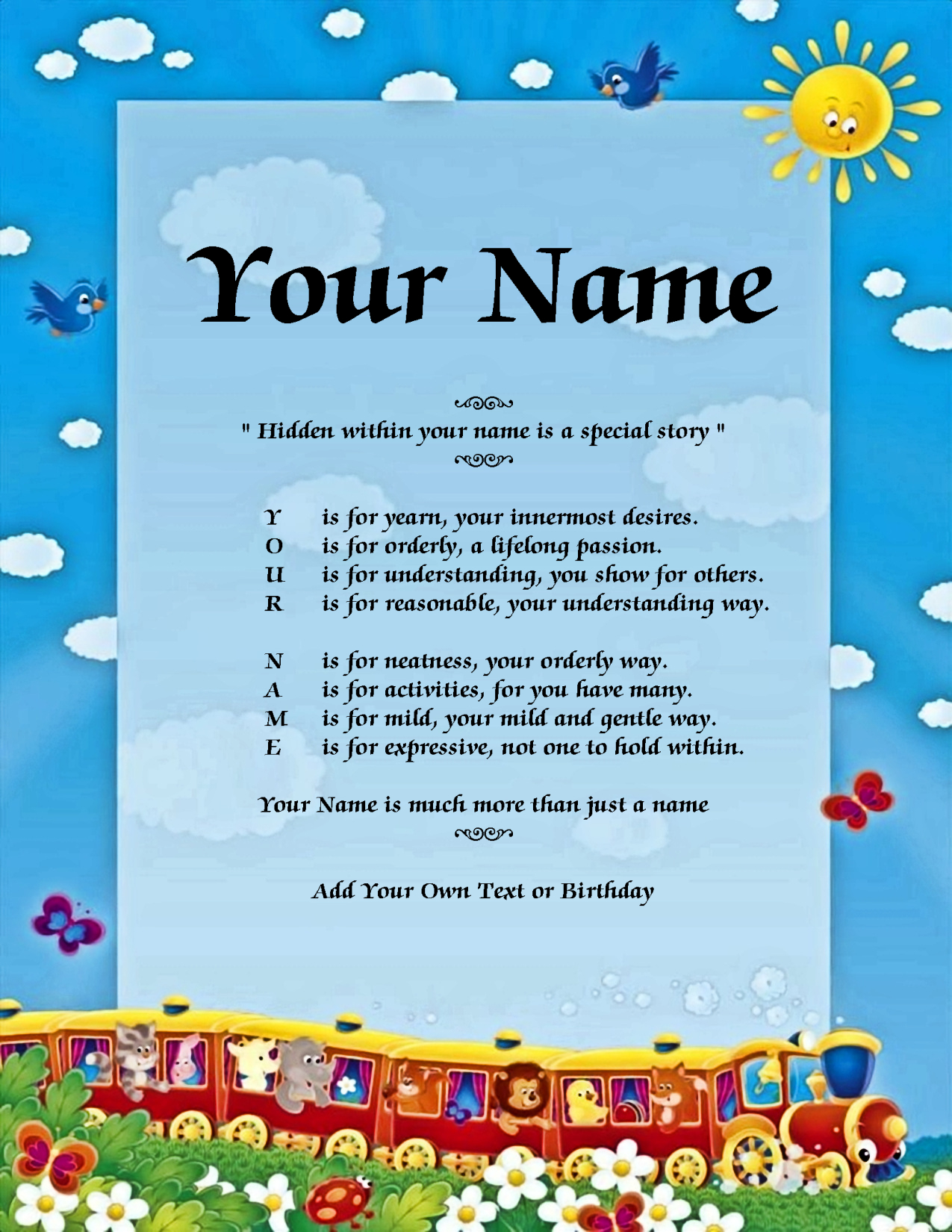 Animal Train Child Name Poem Story Digital Download Version