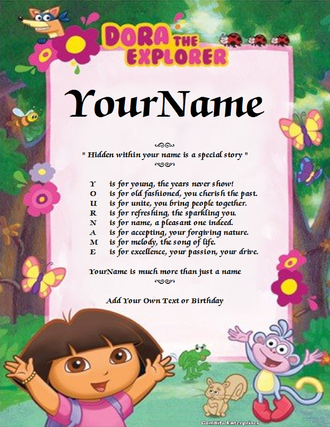 Dora The Explorer Child Name Poem Story Digital Download Version