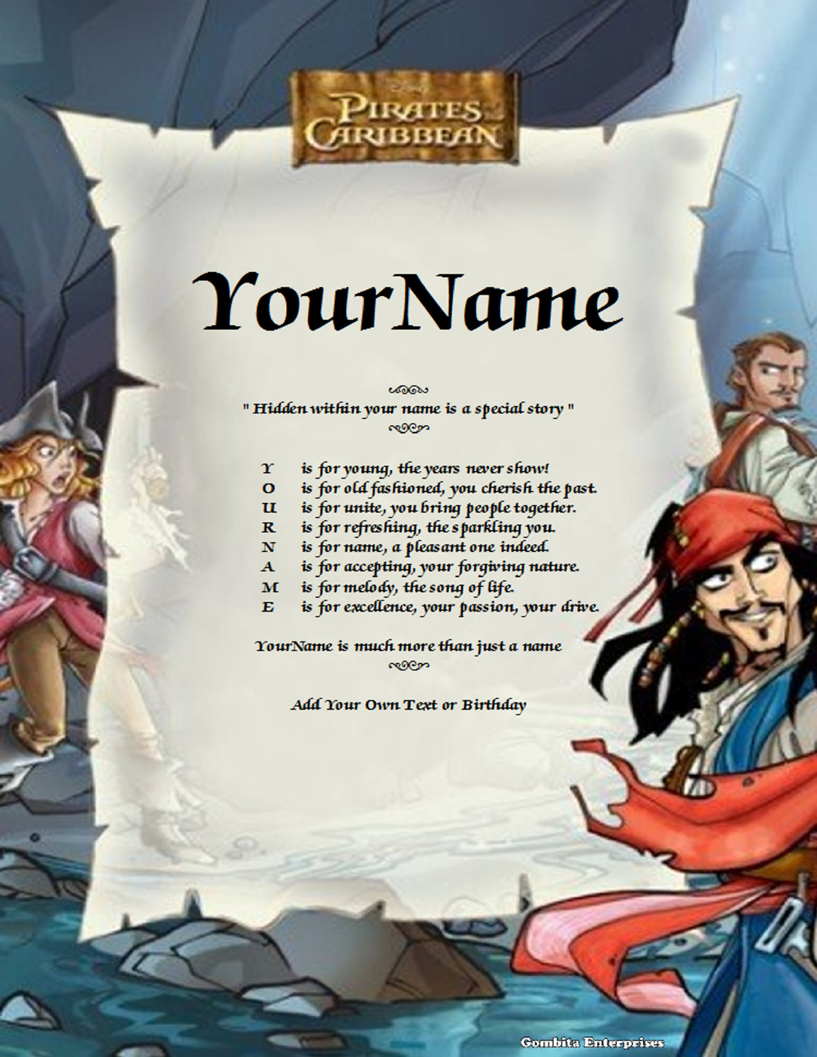 Pirates Of The Caribbean Child Name Poem Story Digital Download Version