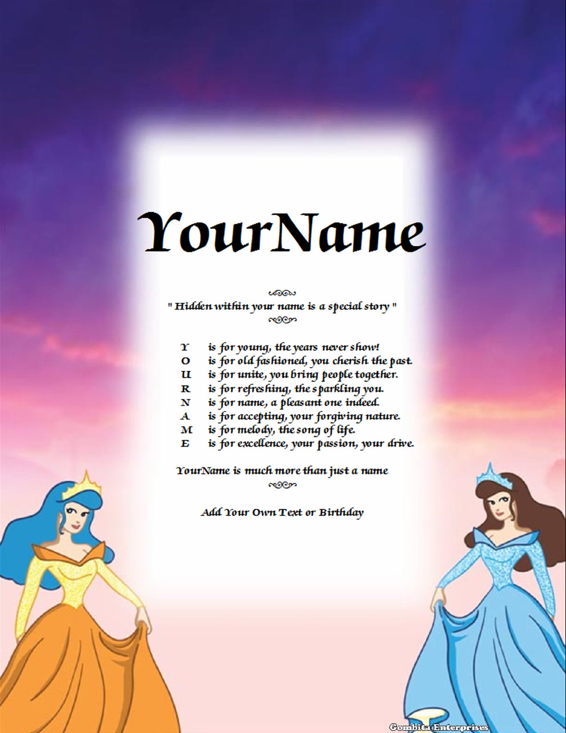 Princess Child Name Poem Story Digital Download Version