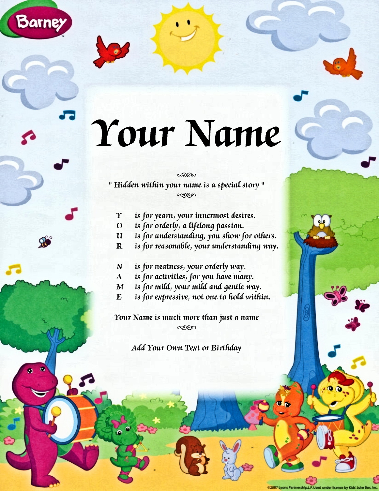 Barney Animal Zoo Child Name Poem Story Digital Download Version