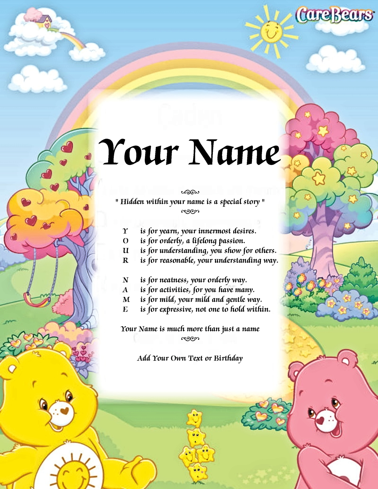 Care Bears Playground Child Name Poem Story Digital Download Version