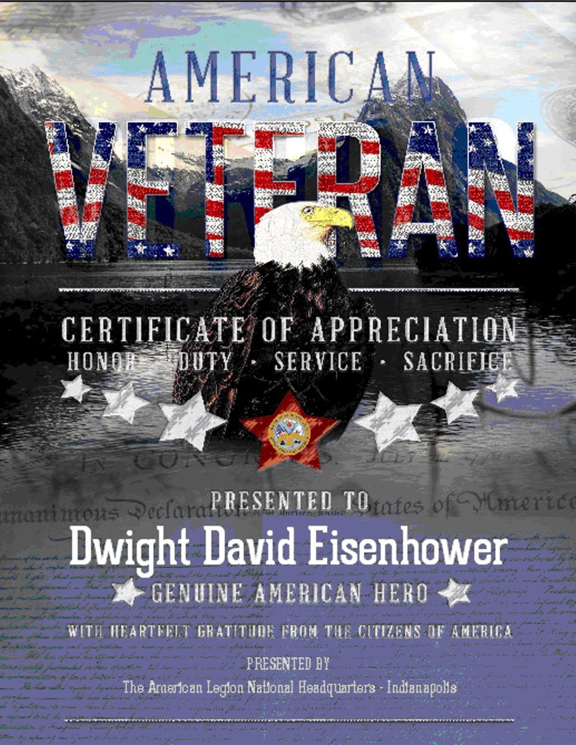 American Veterans Certificate - 8.5 x 11 Inch Shipped By Mail