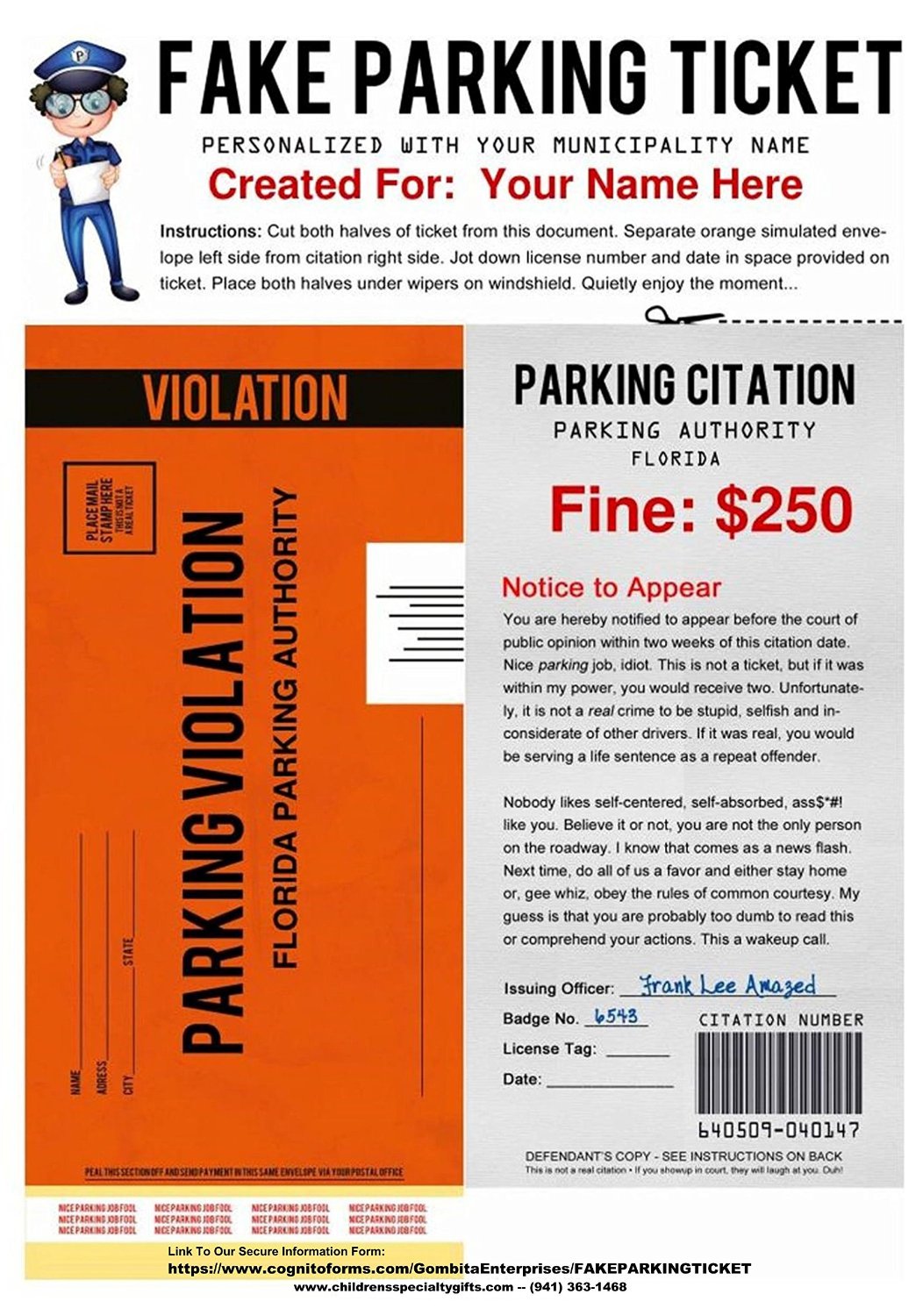 Fake Parking Ticket  5 -10 or 25  Pack Shipped By Mail