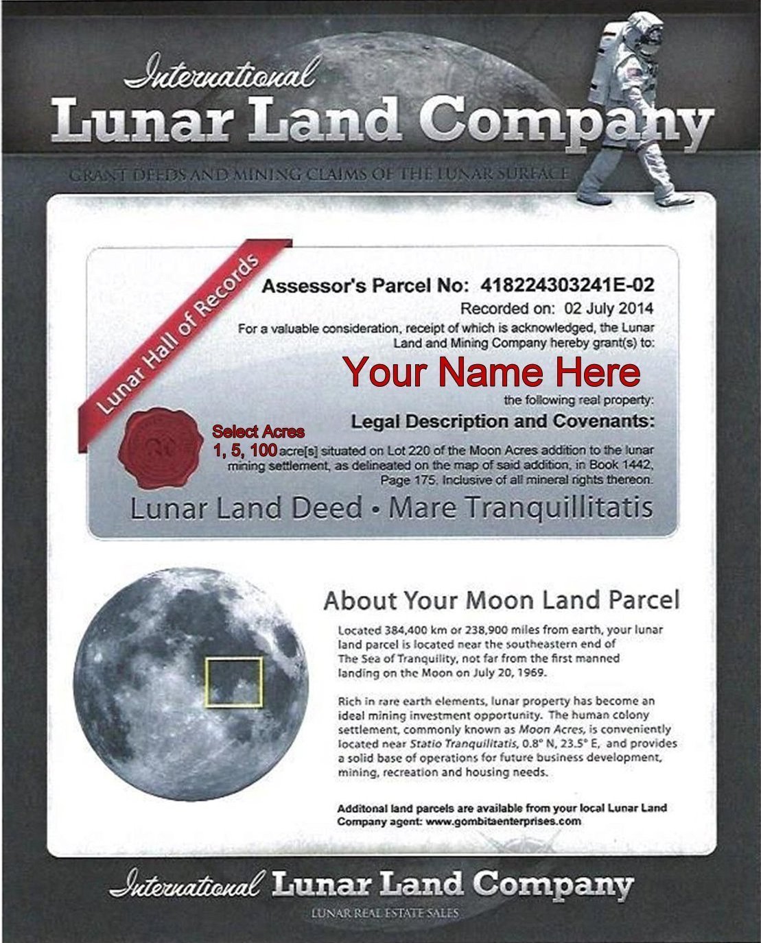 Lunar Land Company - Customize - Reusable U-Fill Instant PDF Download ENGLISH 100 Acres